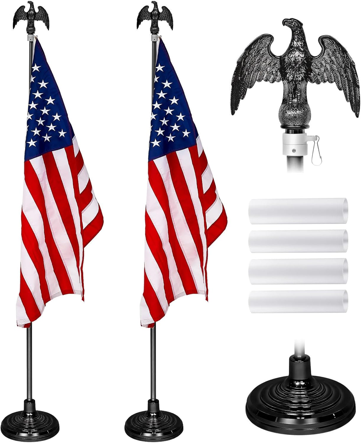 Shimeyao 2 Pack 8 ft Indoor Flag Pole Set with Base and Eagle Topper Telescoping Heavy Duty Flagpole with Stand Holder for Office Hall City, American Flag Not Included(Black,Aluminum)